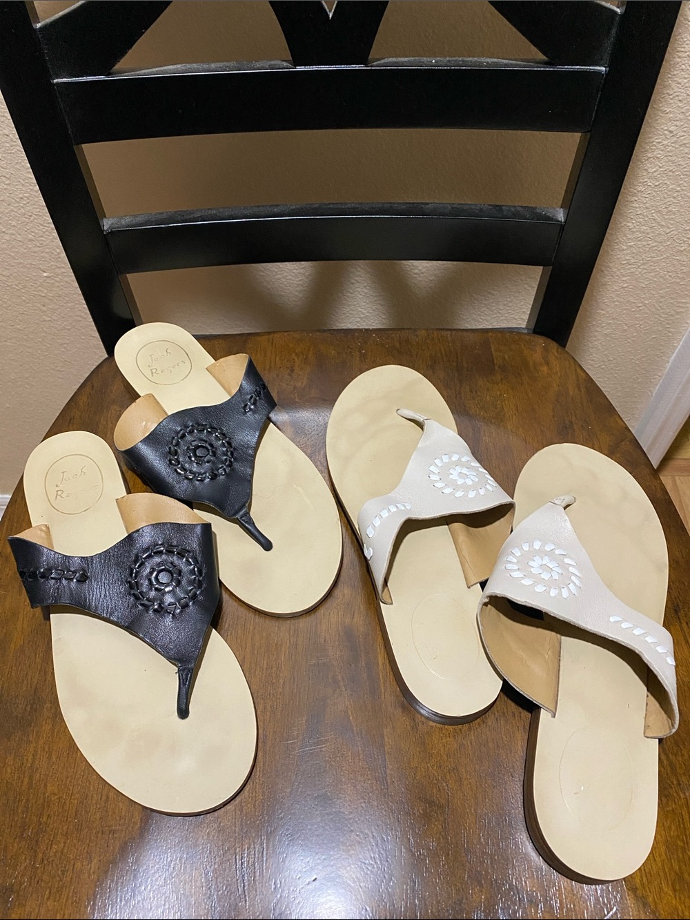 Jack Rogers Bundle Leather Thong Sandals in Black and Beige
